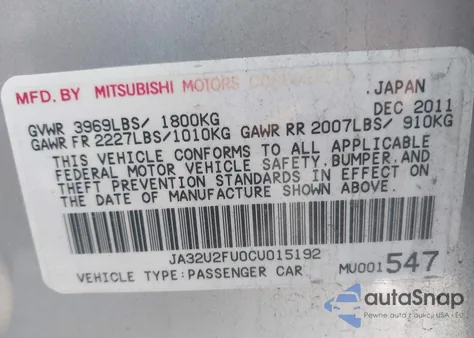 2012 Mitsubishi Lancer Es from USA, damaged, VIN JA32U2FU0CU015192